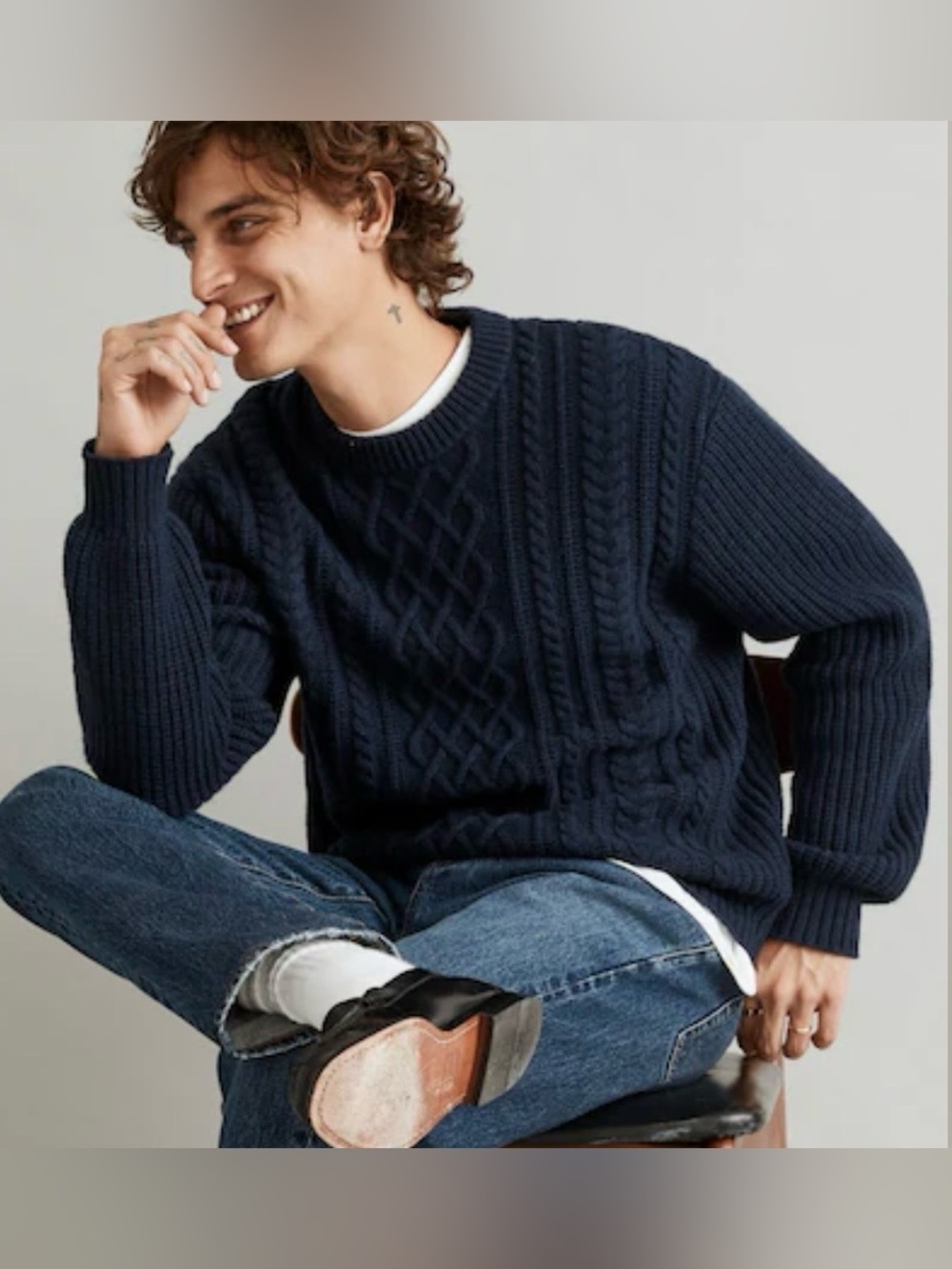 Madewell Navy Wool Blend Men’s Cabled Crewneck Sweater L